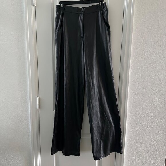 Boohoo Womens UK 14 Black Faux Leather Wide-Leg Trousers - Picture 1 of 7